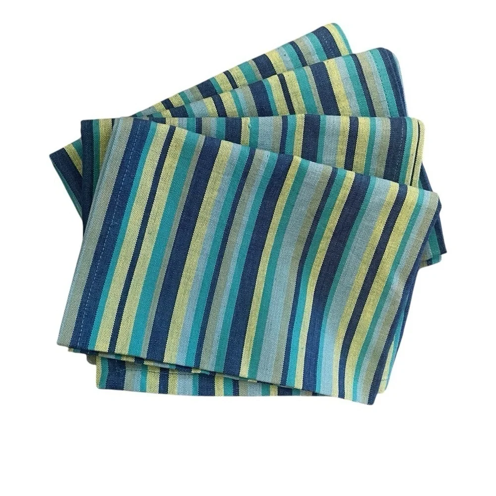 NWT Set of 4 Tag Ltd Aqua & Lime Green Cabana Stripe Cotton Dish Towels 430870